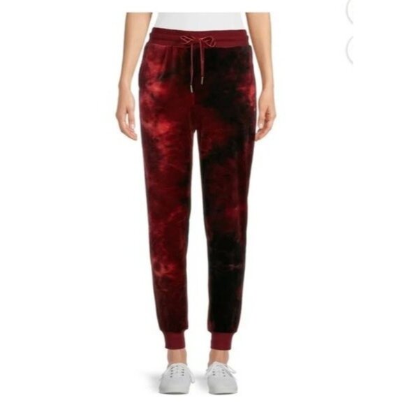 Tie-Dye Jogger Pants In Burgundy & Black Velour With Drawstring Waist For Women - Picture 1 of 7
